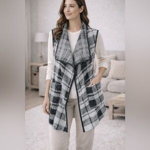 Yaira Women’s Open Front Plaid Knit Vest Sleeveless Pockets Cozy Size Large